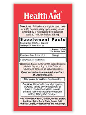 HealthAid Sibergin Éleuthérocoque capsules molles sur fond blanc