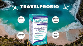 HealthAid TravelProbio 20 Milliards CFU Probiotique gélules sur un fond neutre