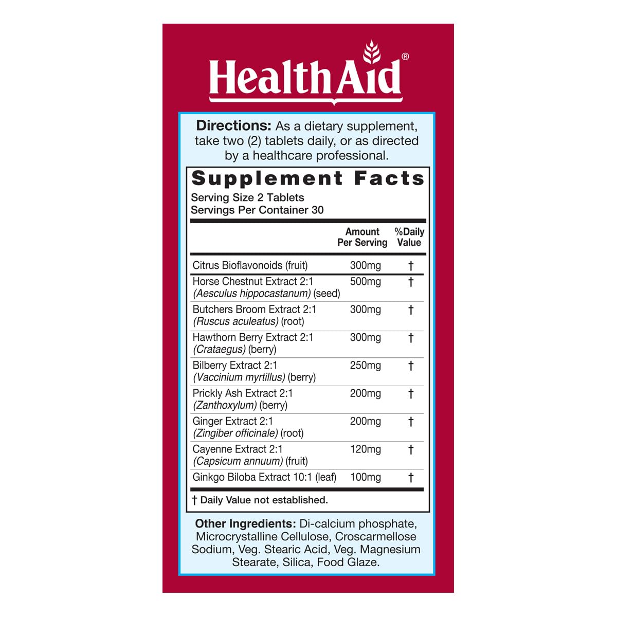 HealthAid V-Vein côté de l'emballage montrant les ingrédients