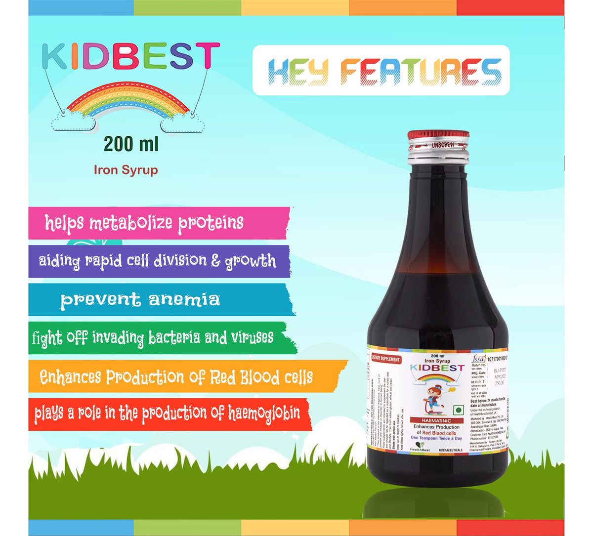 HealthBest KIDBEST Sirop de Fer 200g avec cuillère doseuse