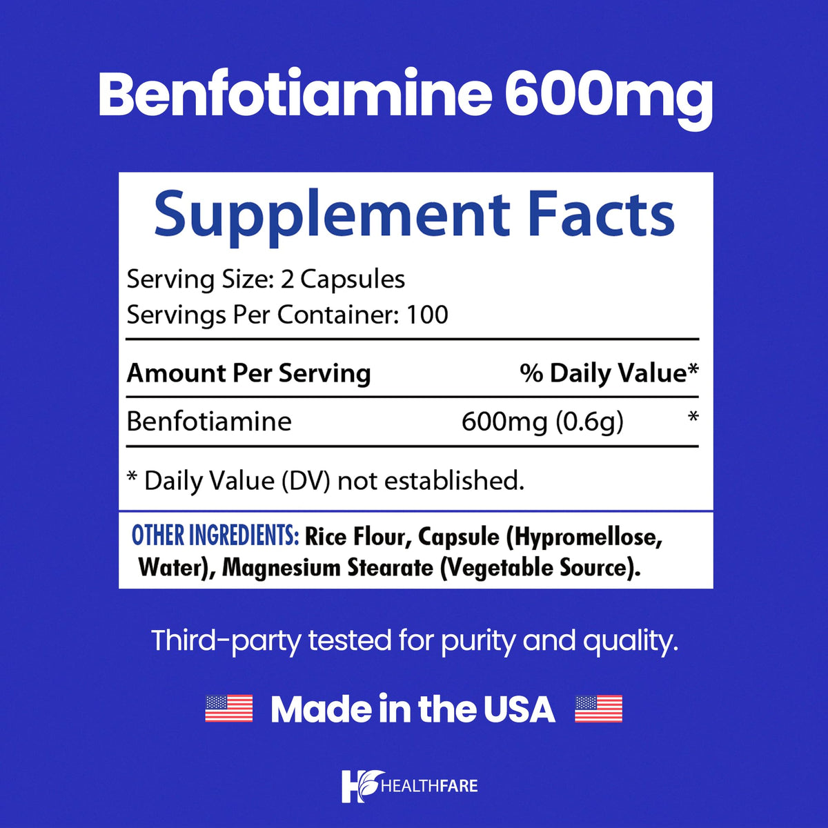 Healthfare Benfotiamine 600 mg capsules végétales côté
