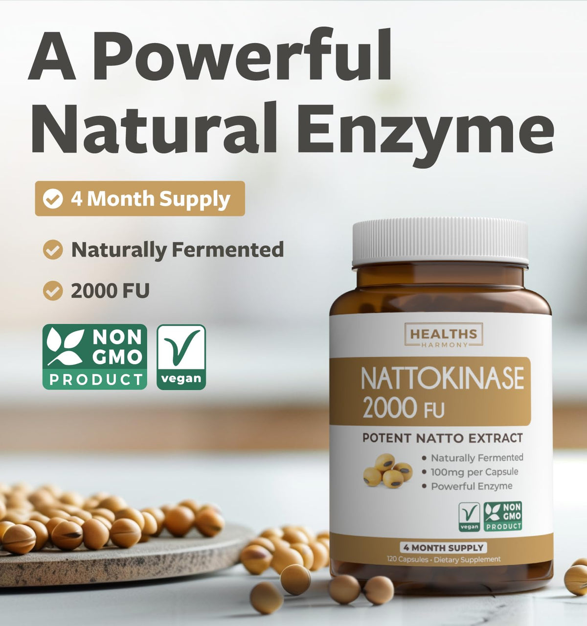 Healths Harmony Nattokinase 2000 FU avec étiquette informative