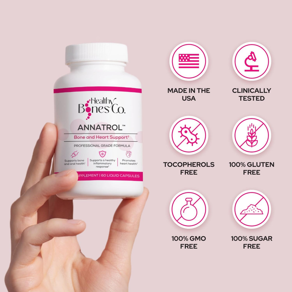 Healthy Bones Co. Annatrol 60cps sur une table avec des fruits