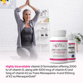 Healthy Bones Co. D3 K2 2000 IU capsules in a hand