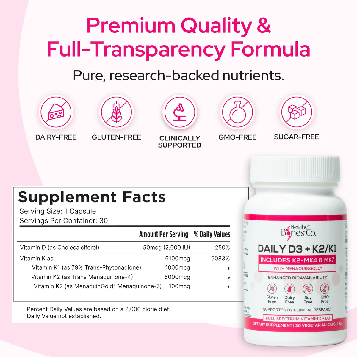 Healthy Bones Co. D3 K2 2000 IU capsules side view