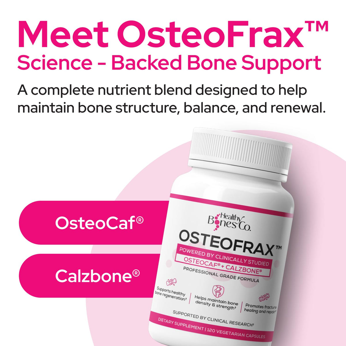 Healthy Bones Co. OsteoFrax™ comprimés sur une surface en bois