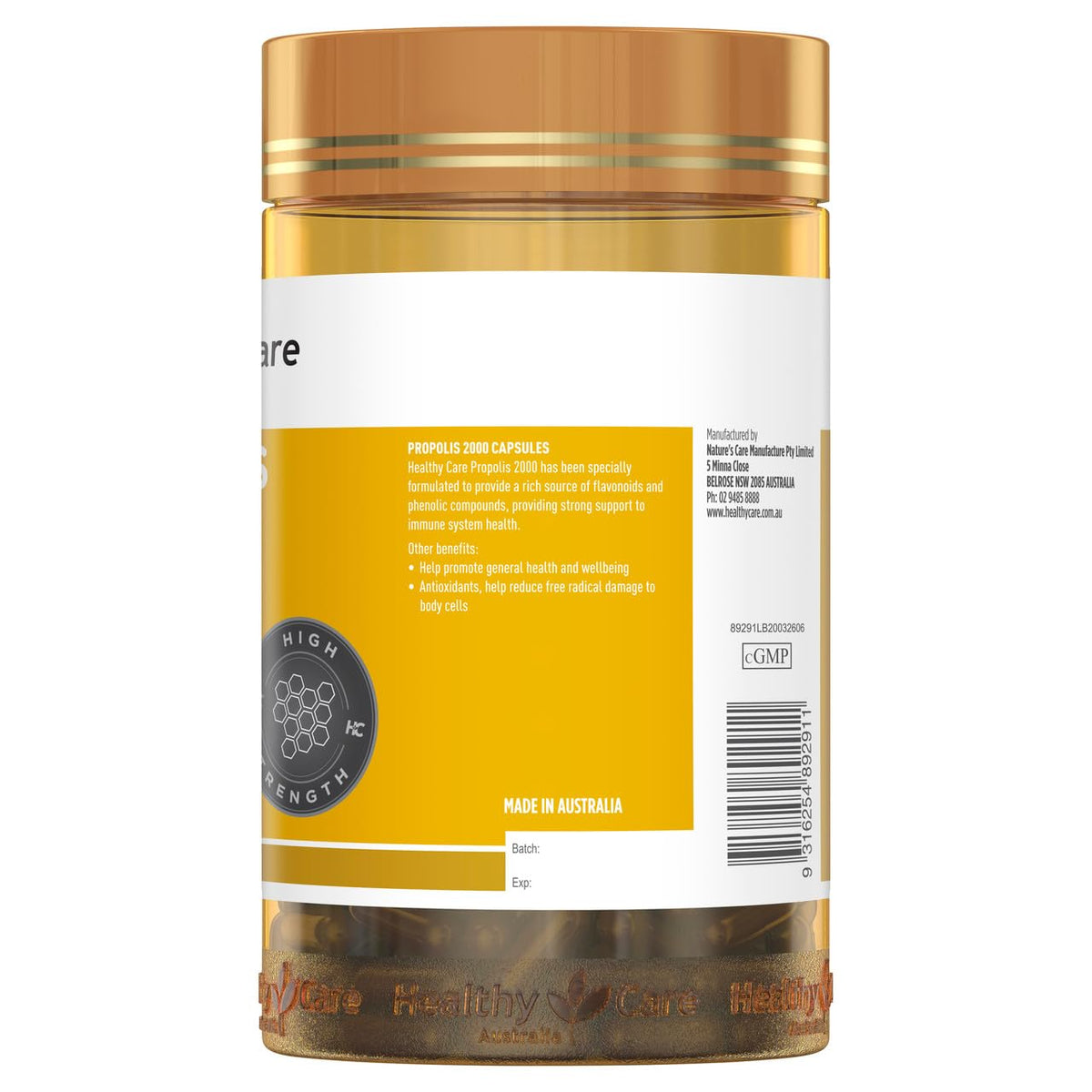 Healthy Care Propolis 2000 capsules - capsules à l'intérieur du flacon