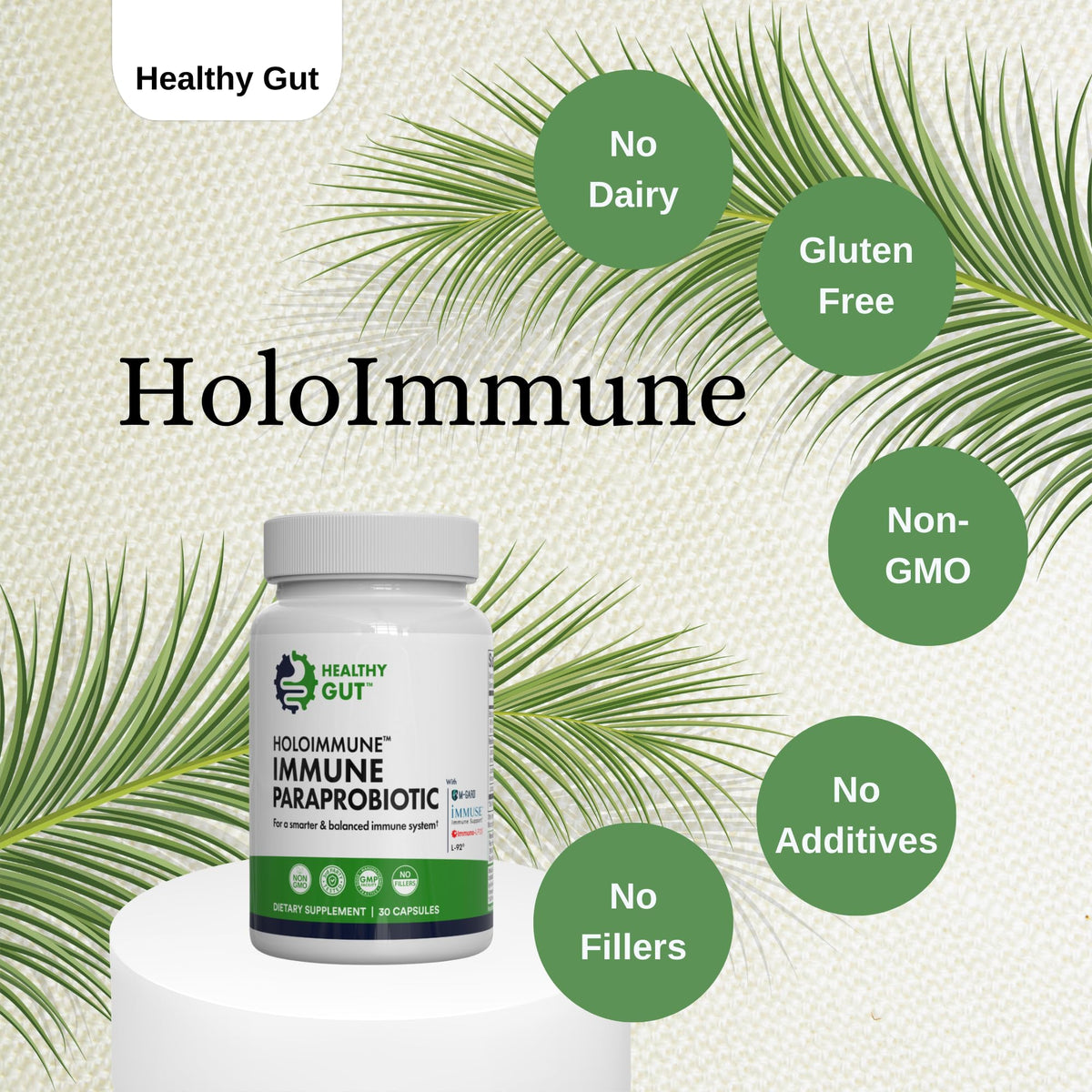 Healthy Gut HoloImmune, étiquette avec ingrédients principaux