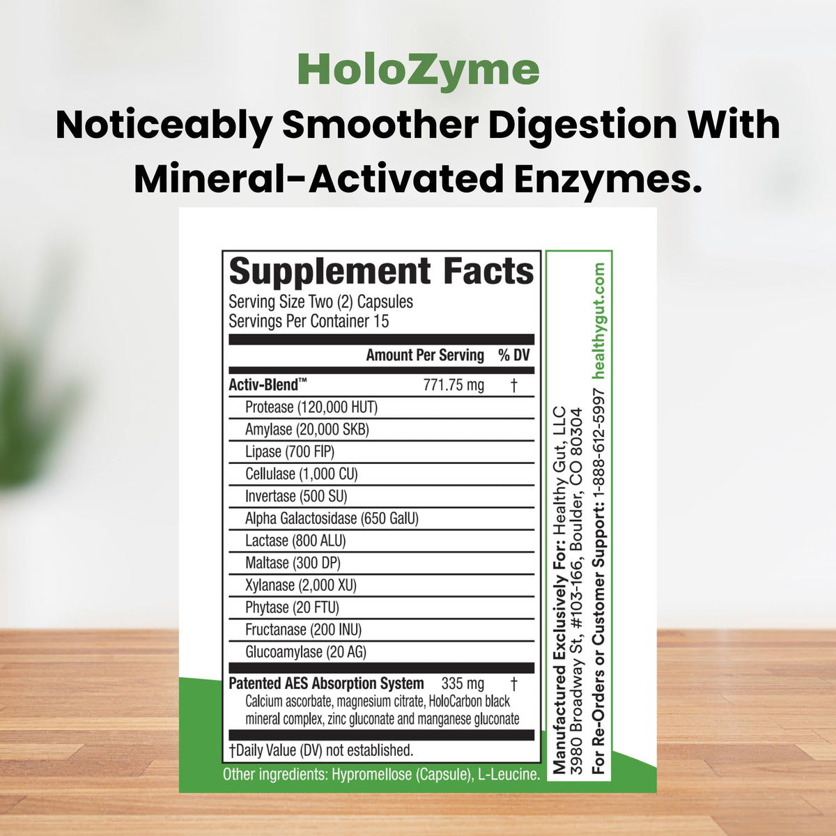 Healthy Gut HoloZyme dos du pot avec informations nutritionnelles