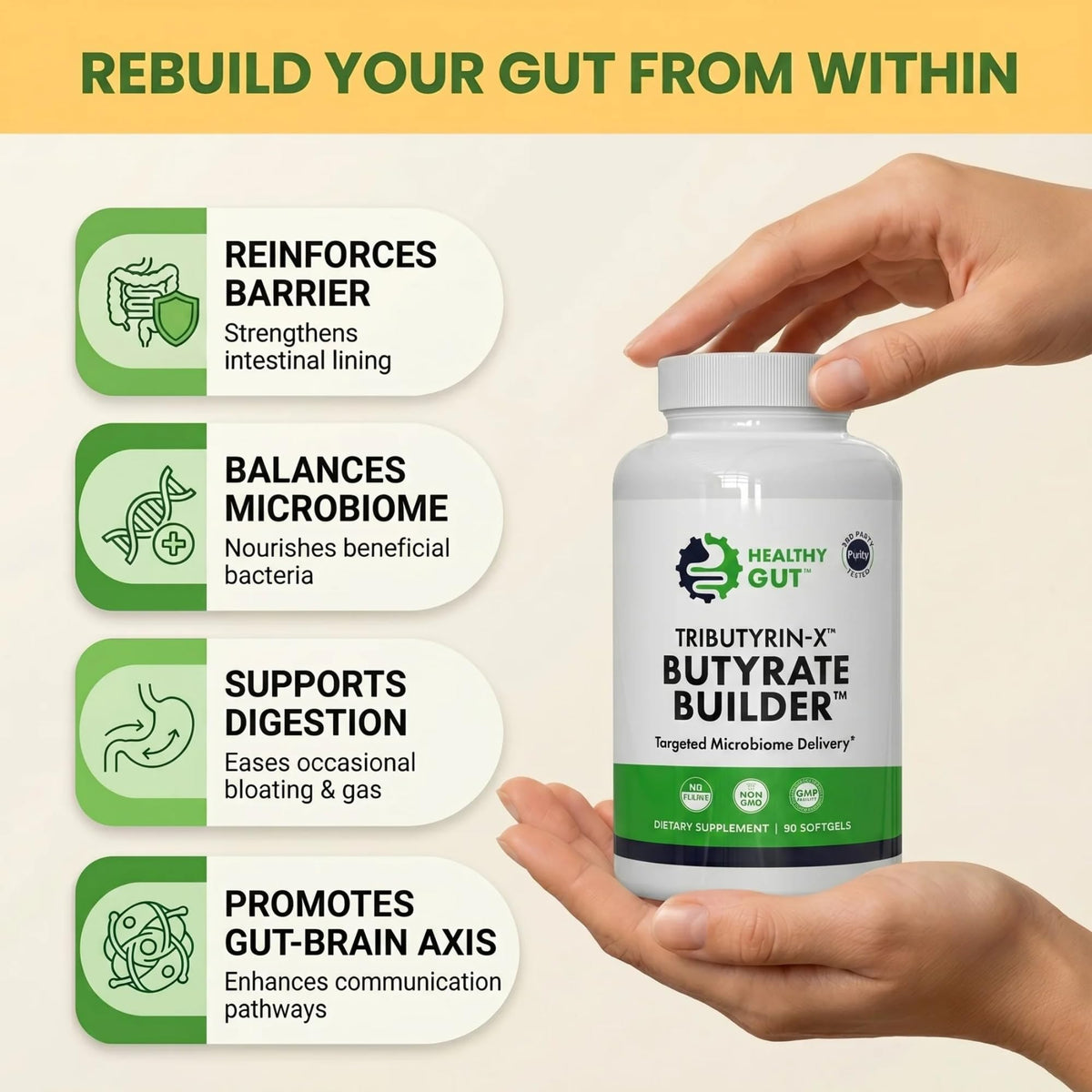 Healthy Gut Tributyrin-X capsules sur fond blanc
