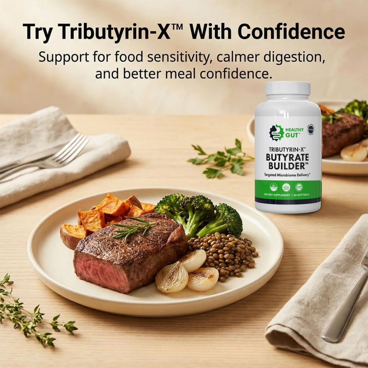 Healthy Gut Tributyrin-X flacon avec capsules à côté