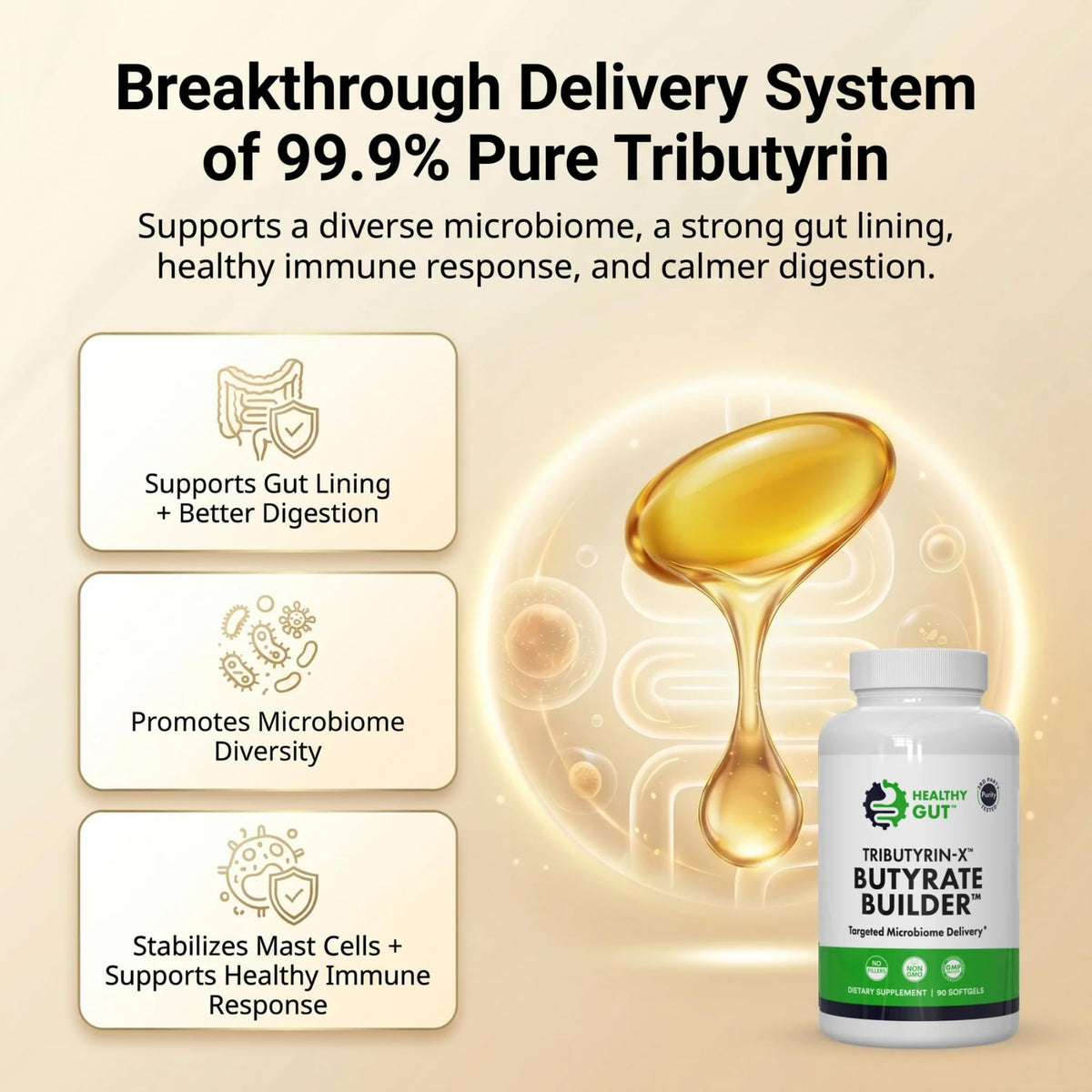 Healthy Gut Tributyrin-X flacon ouvert avec capsules