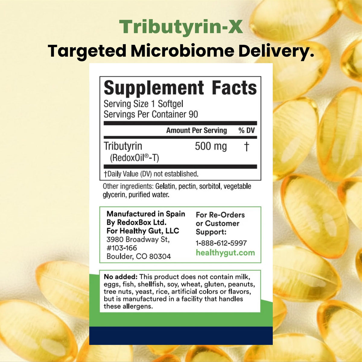 Healthy Gut Tributyrin-X vue de côté du flacon