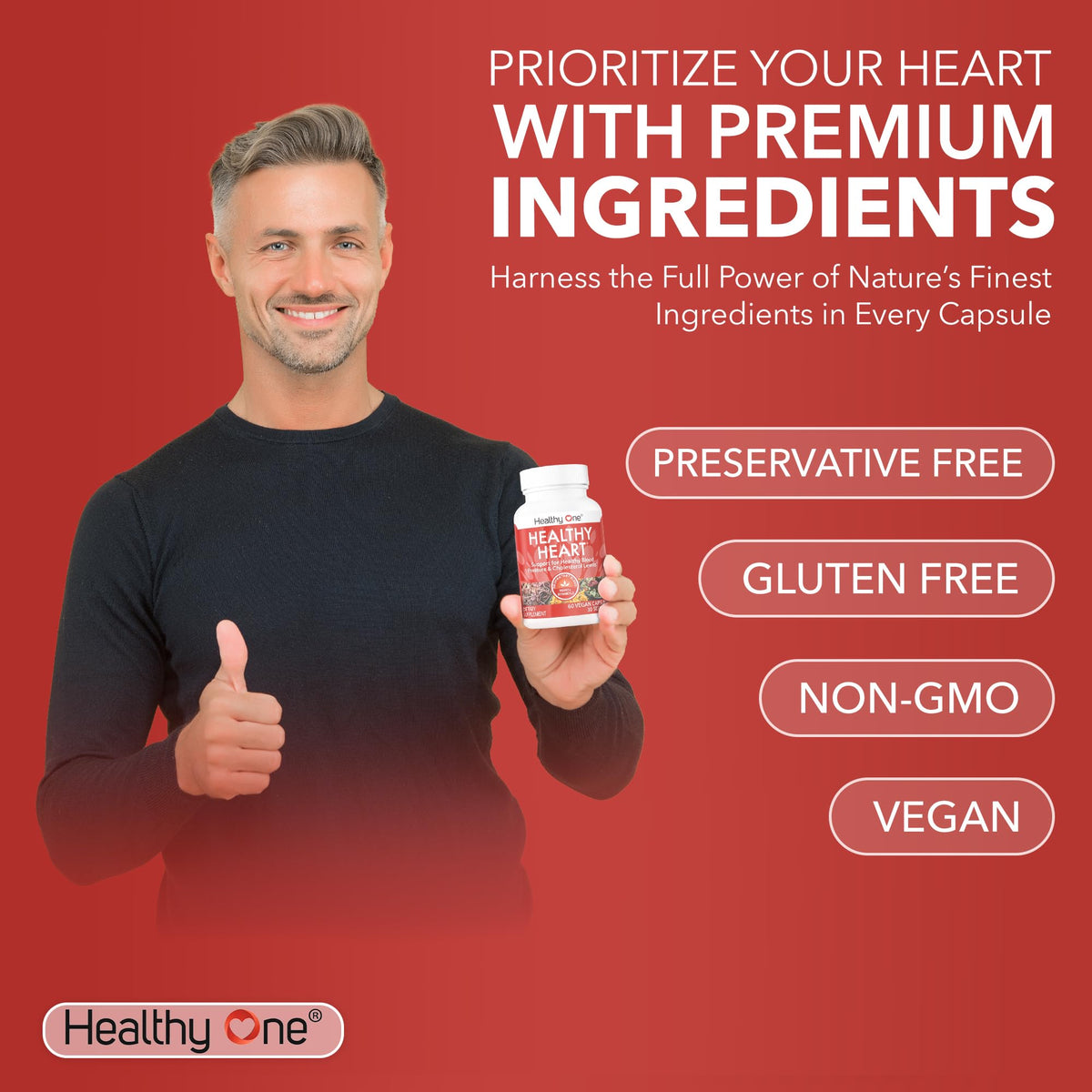 Healthy One CoQ10 60 gélules sur une table avec des compléments