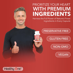 Healthy One CoQ10 capsules avec arrière-plan naturel