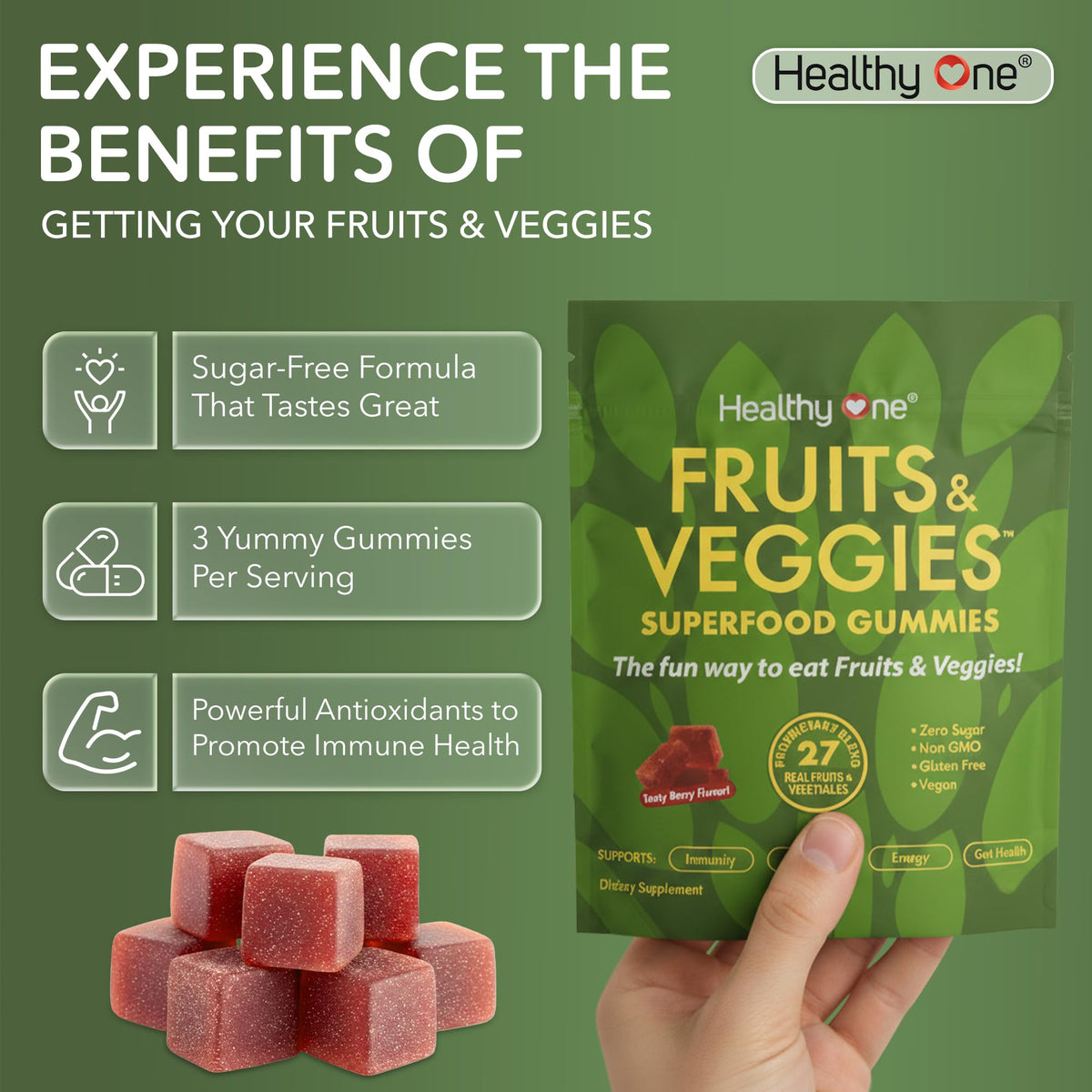 Healthy One Fruits & Veggies Gummy 27-en-1 gummies in hand