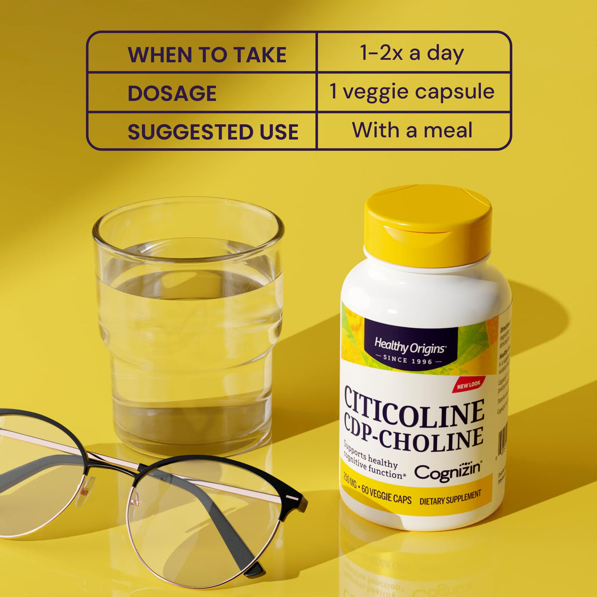 Healthy Origins Cognizin Citicoline 250 mg avec un verre d'eau