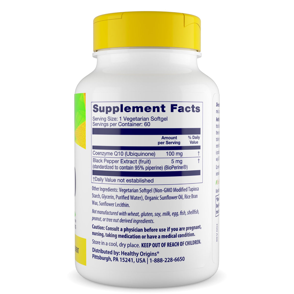 Healthy Origins CoQ10 100 mg BioPerine gélules végétales sur fond blanc