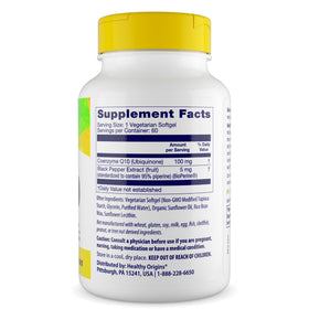 Healthy Origins CoQ10 100 mg BioPerine gélules végétales sur fond blanc