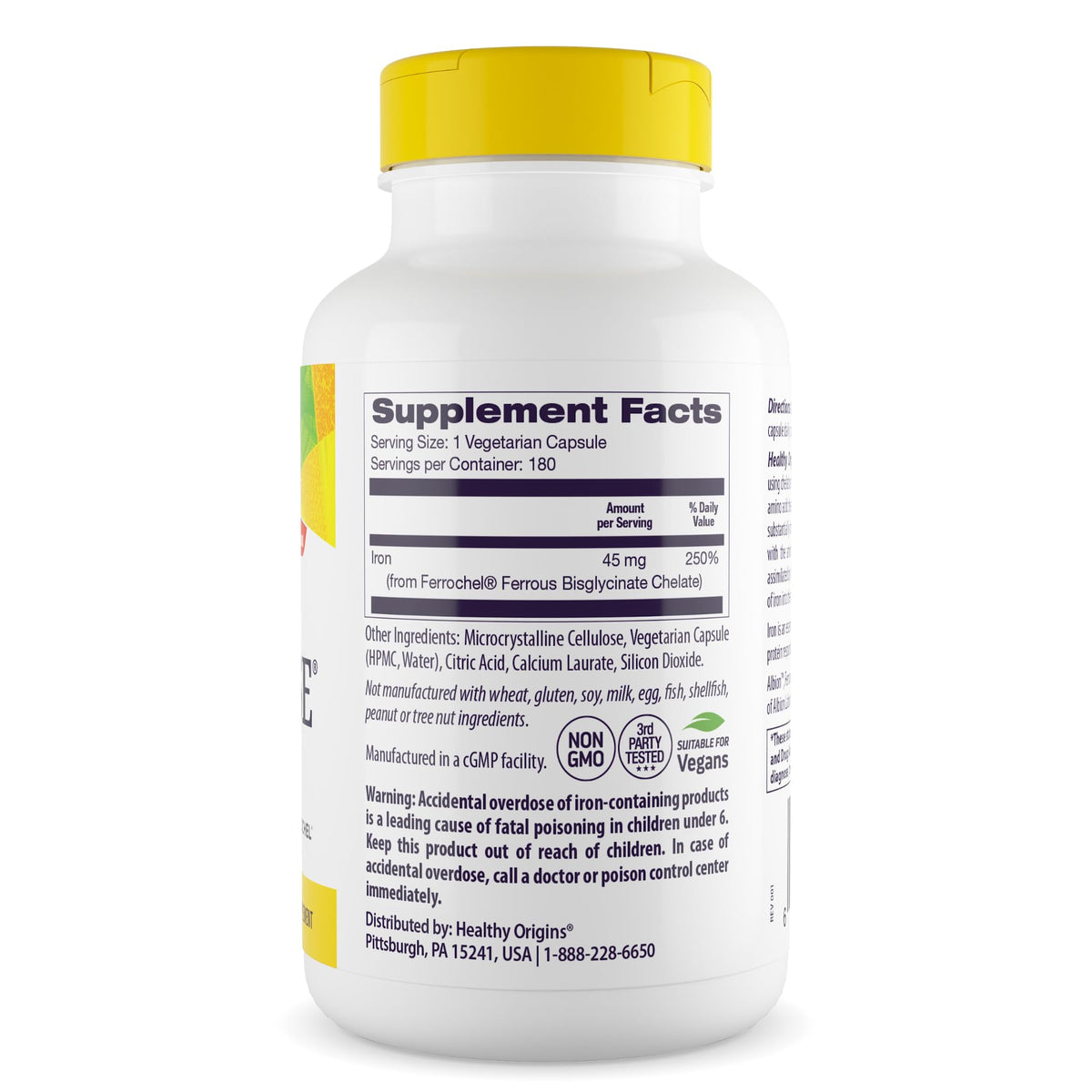 Healthy Origins Fer Ferrochel 45 mg 180 gélules, étiquette et informations