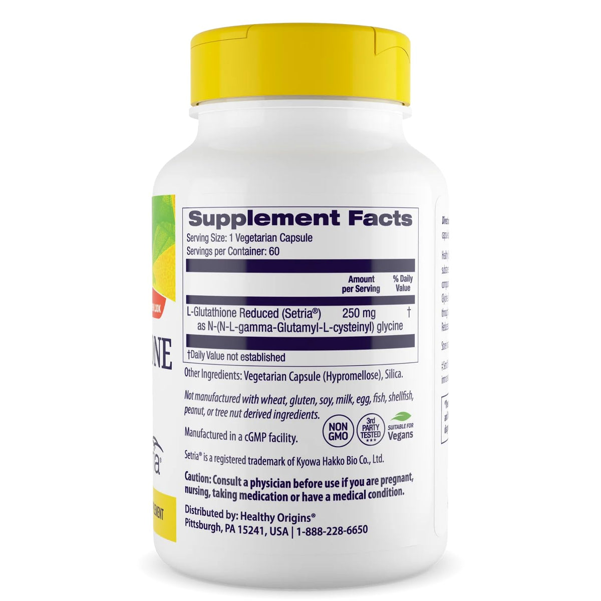 Healthy Origins L-Glutathione emballage avec informations nutritionnelles