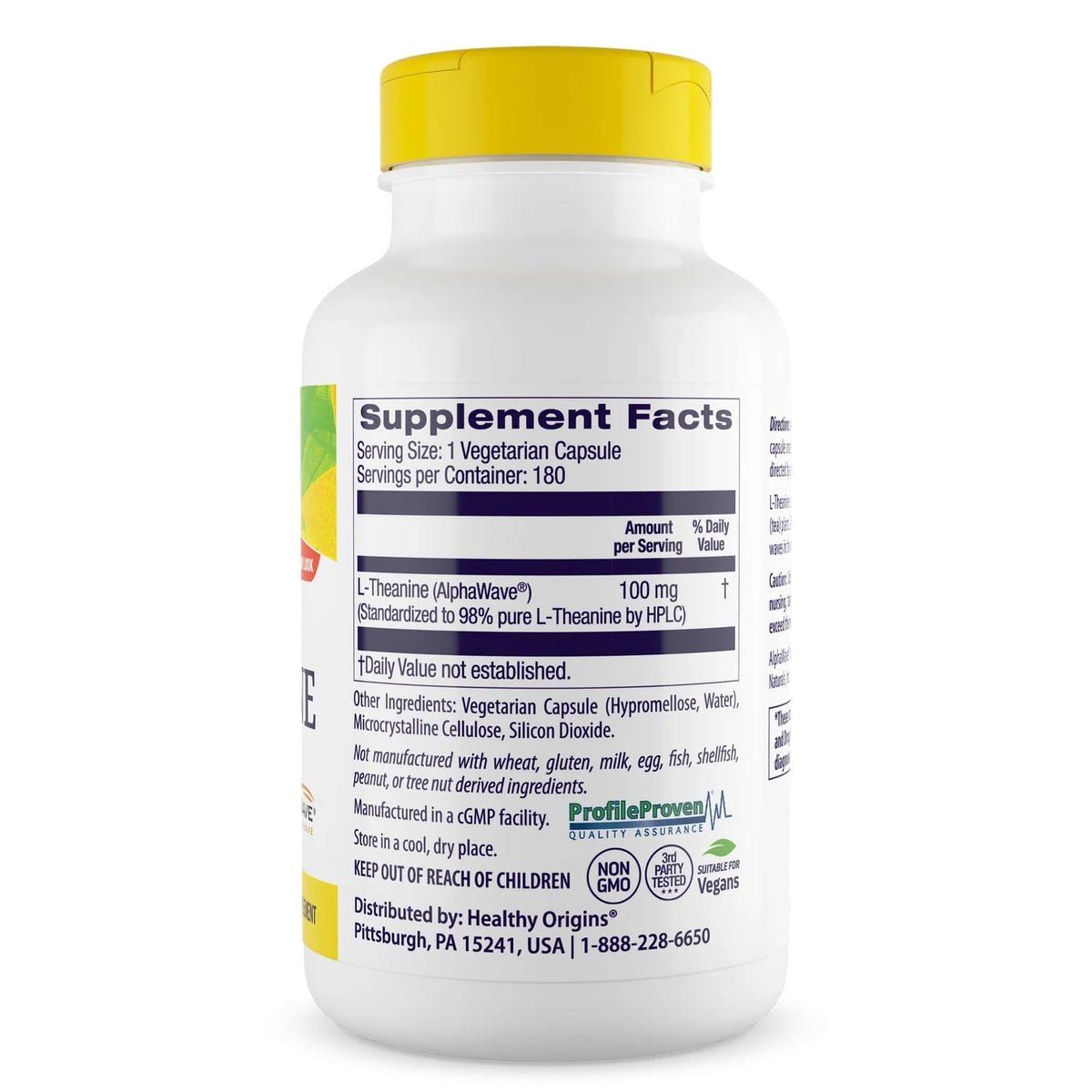 Healthy Origins L-Theanine 100 mg 180 gélules végétales vue arrière