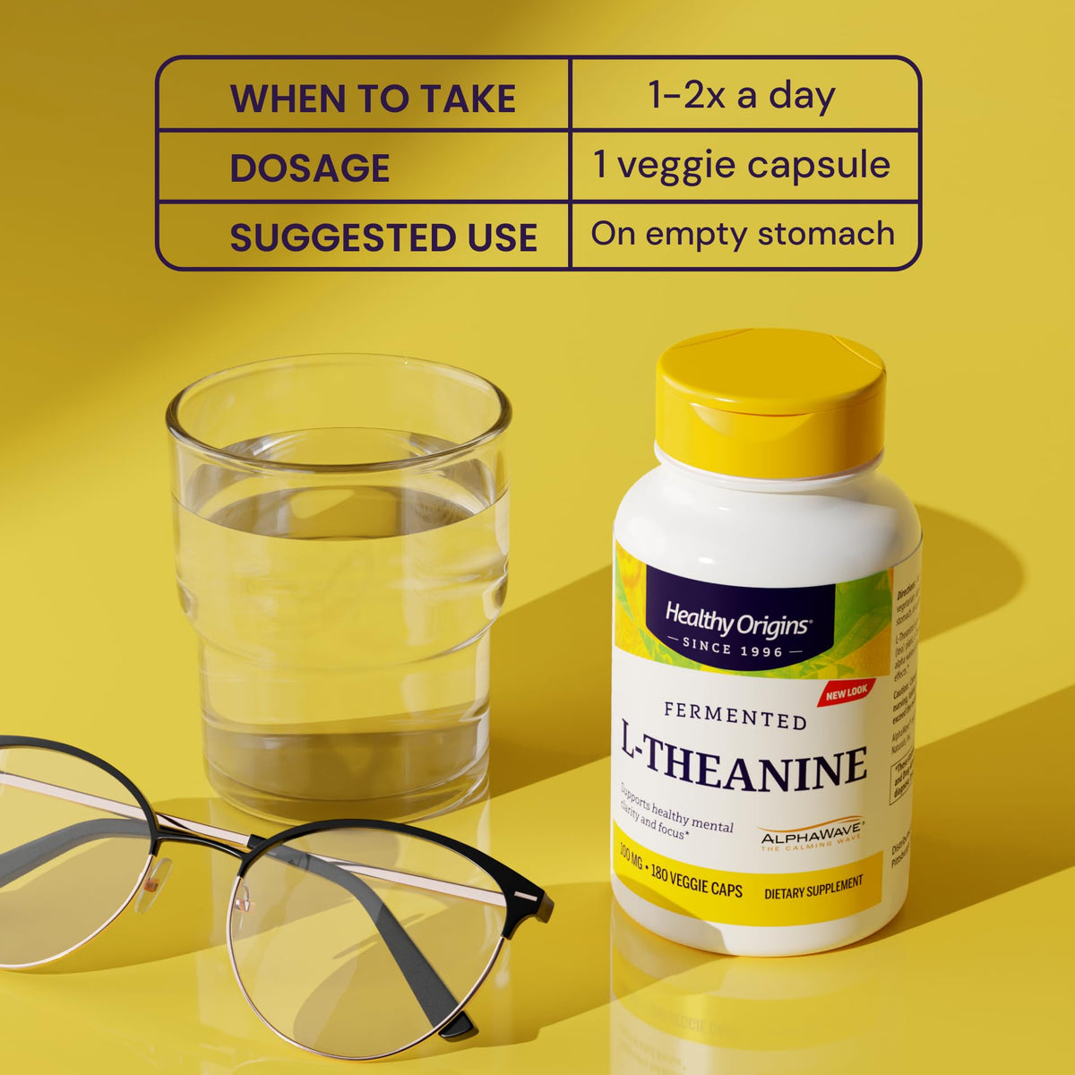 Healthy Origins L-Theanine AlphaWave capsules on a table
