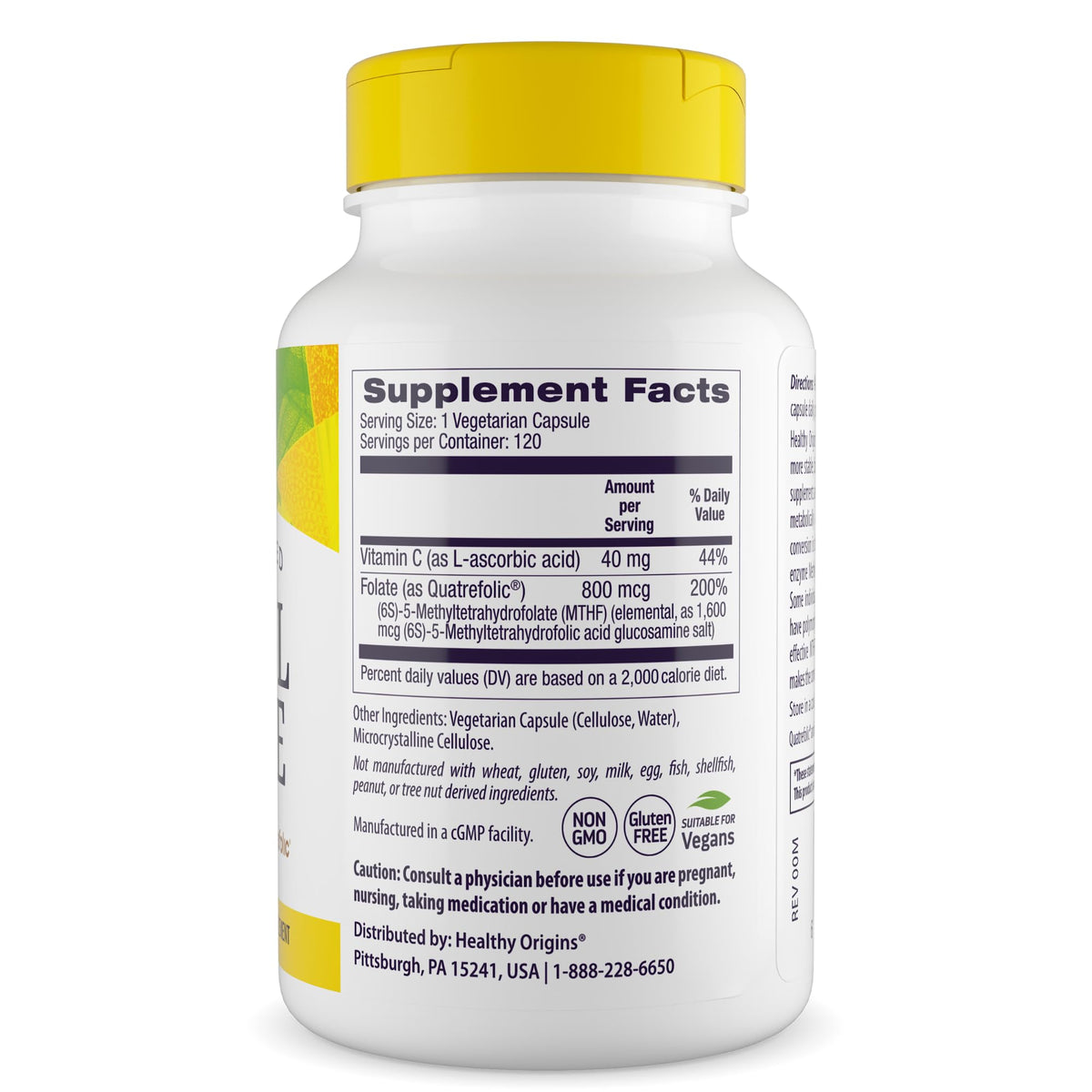 Healthy Origins Methyl Folate Quatrefolic 800 mcg 120 Veggie Caps - vue arrière