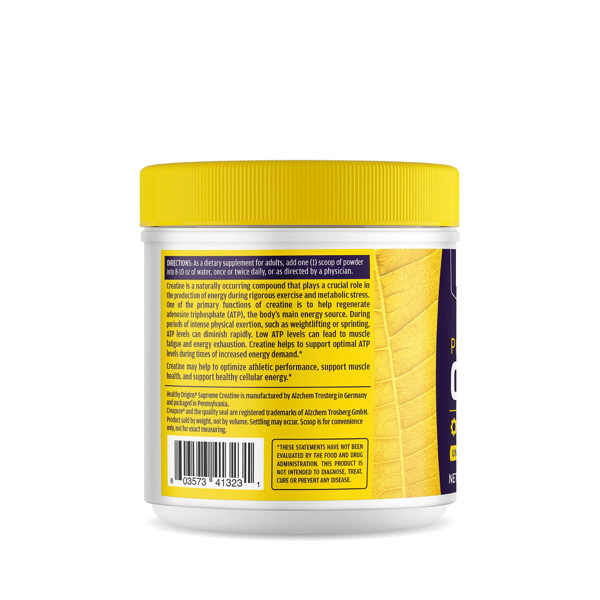 Healthy Origins Poudre de Créatine Monohydrate Creapure 600g étiquette