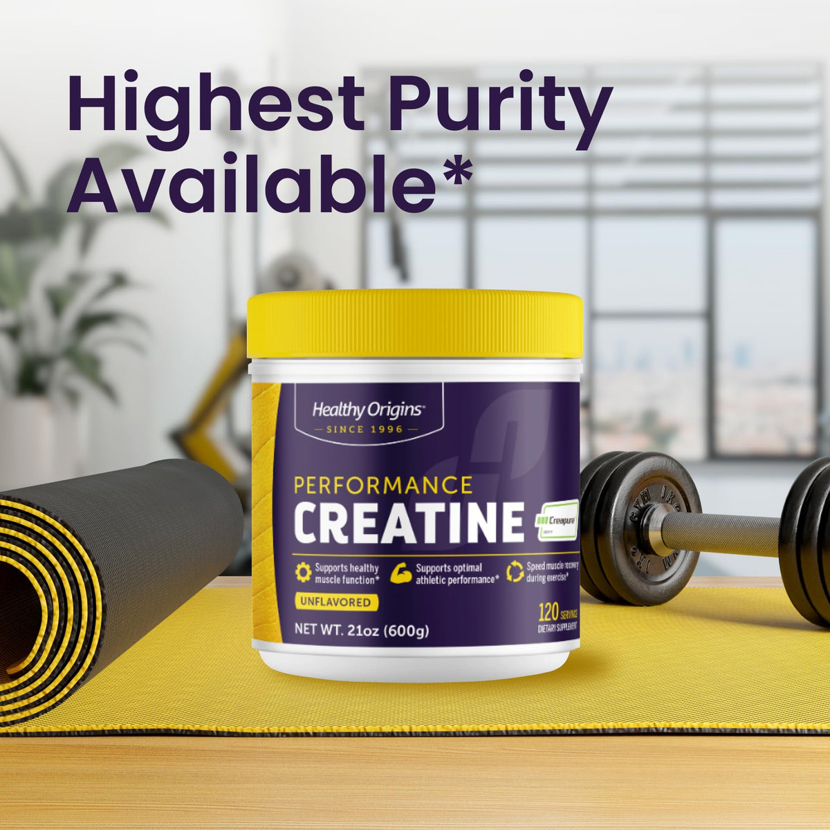 Healthy Origins Poudre de Créatine Monohydrate Creapure 600g sur une table