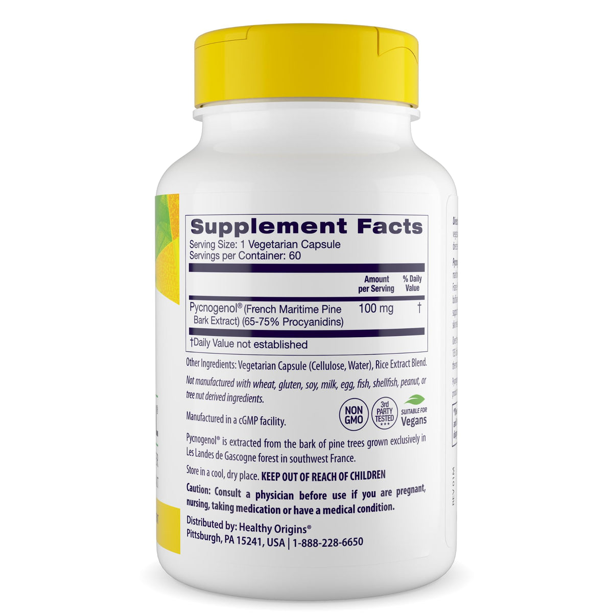 Healthy Origins Pycnogenol 100 mg, emballage avec informations nutritionnelles