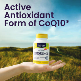 Healthy Origins Ubiquinol CoQ10 100 mg gélules sur fond blanc