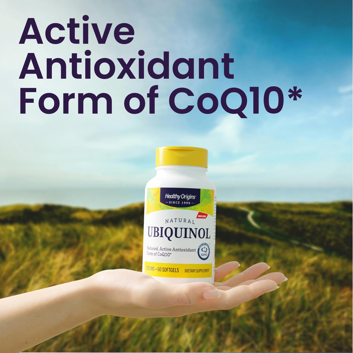 Healthy Origins Ubiquinol CoQ10 200 mg softgel on a table