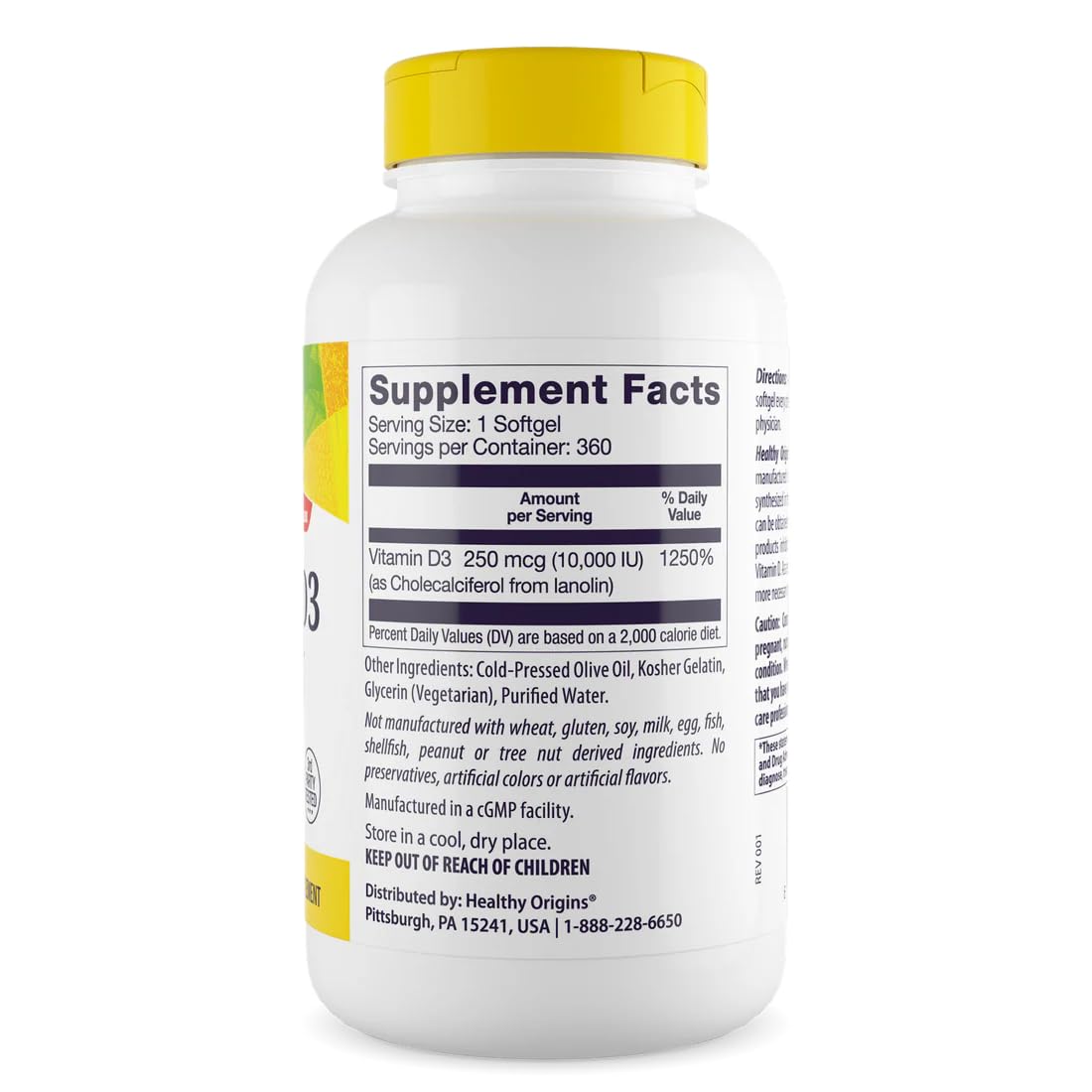 Healthy Origins Vitamine D3 10 000 UI 360 gélules avec emballage
