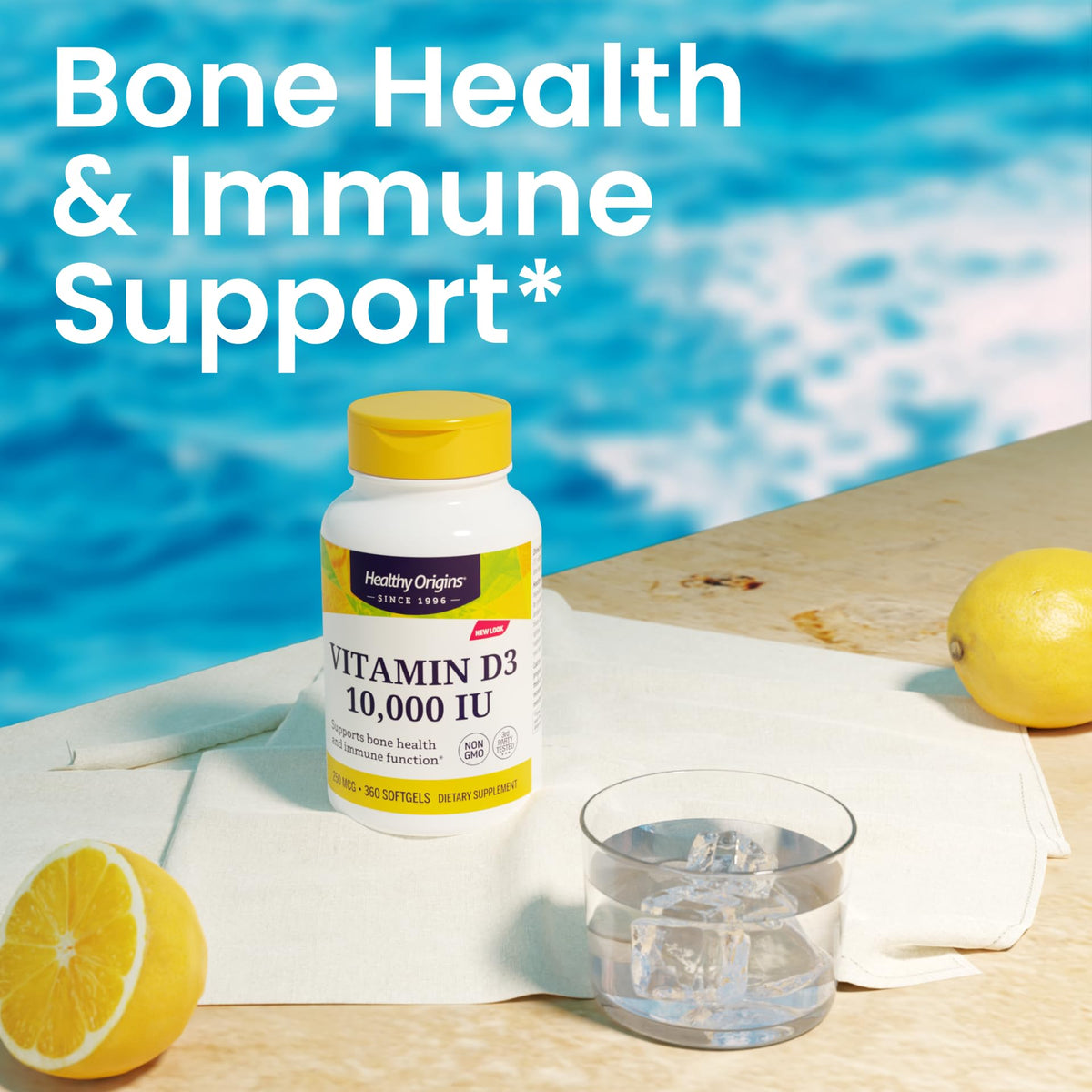 Healthy Origins Vitamine D3 10 000 UI 360 gélules sur fond blanc