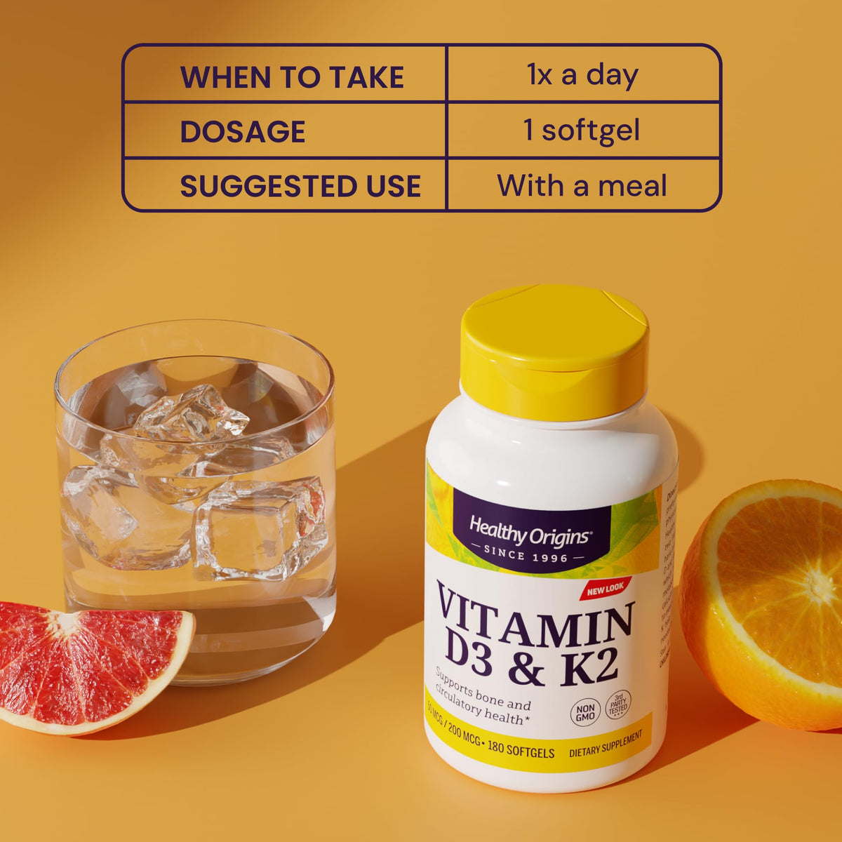 Healthy Origins Vitamine D3 2000 IU & K2 200 mcg gélules molles avec verre d'eau