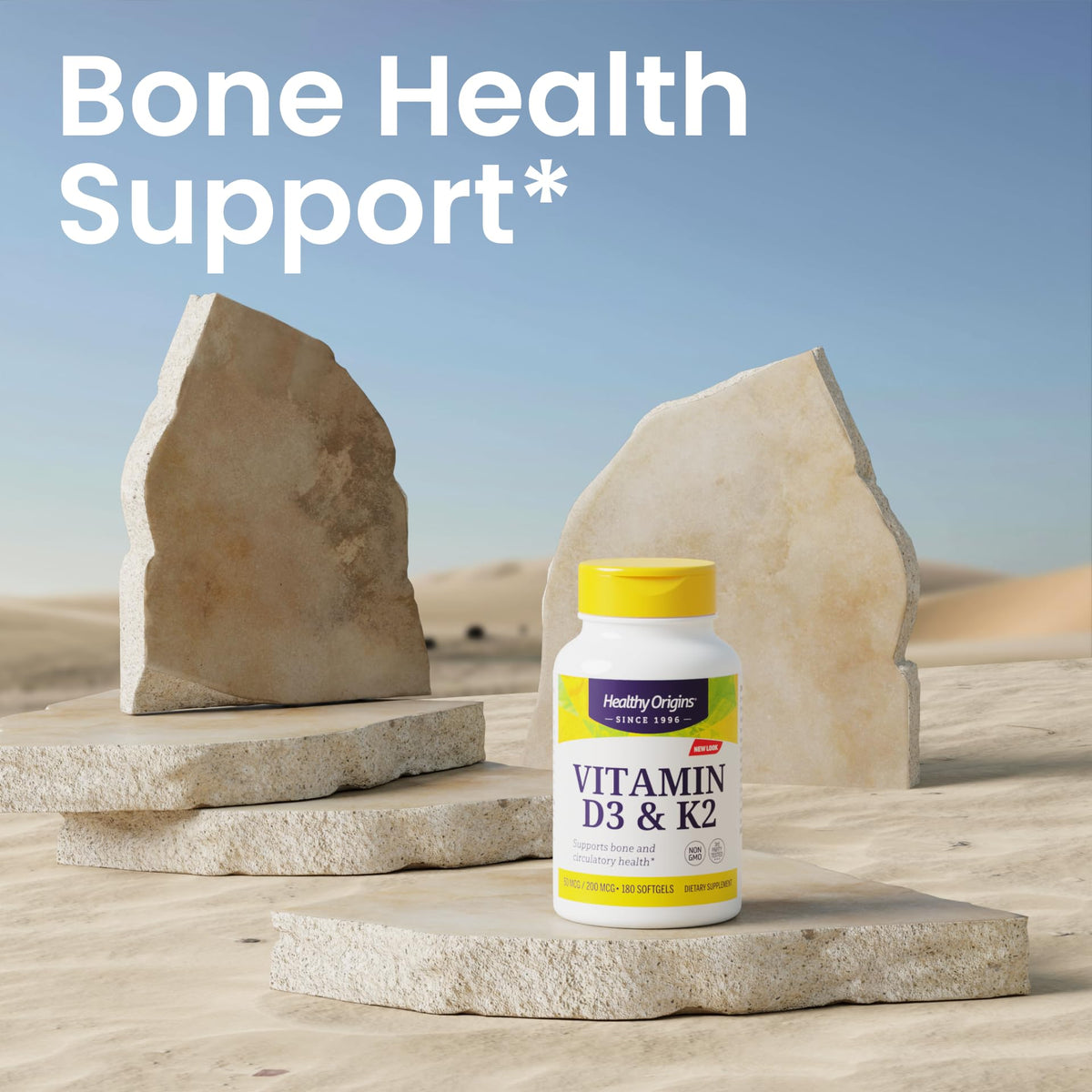 Healthy Origins Vitamine D3 2000 IU & K2 200 mcg gélules molles sur fond blanc