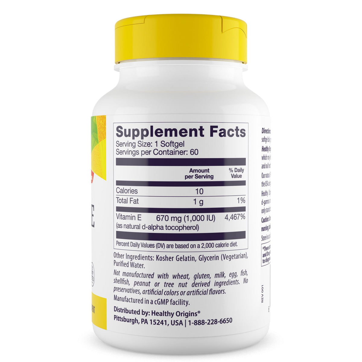 Healthy Origins Vitamine E 1 000 UI étiquette et informations nutritionnelles