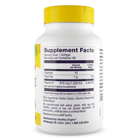 Healthy Origins Vitamine E 1 000 UI étiquette et informations nutritionnelles