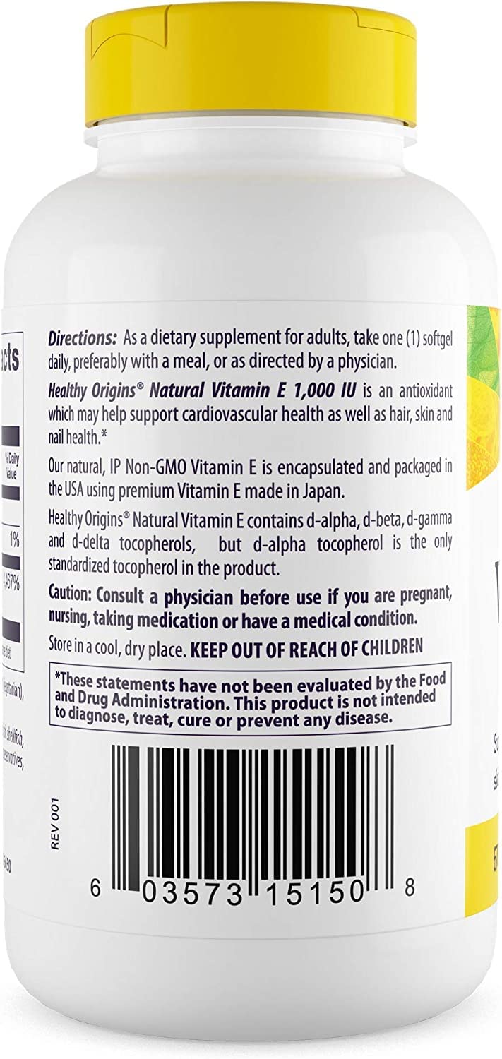Healthy Origins Vitamine E 1 000 UI gélules molles côté
