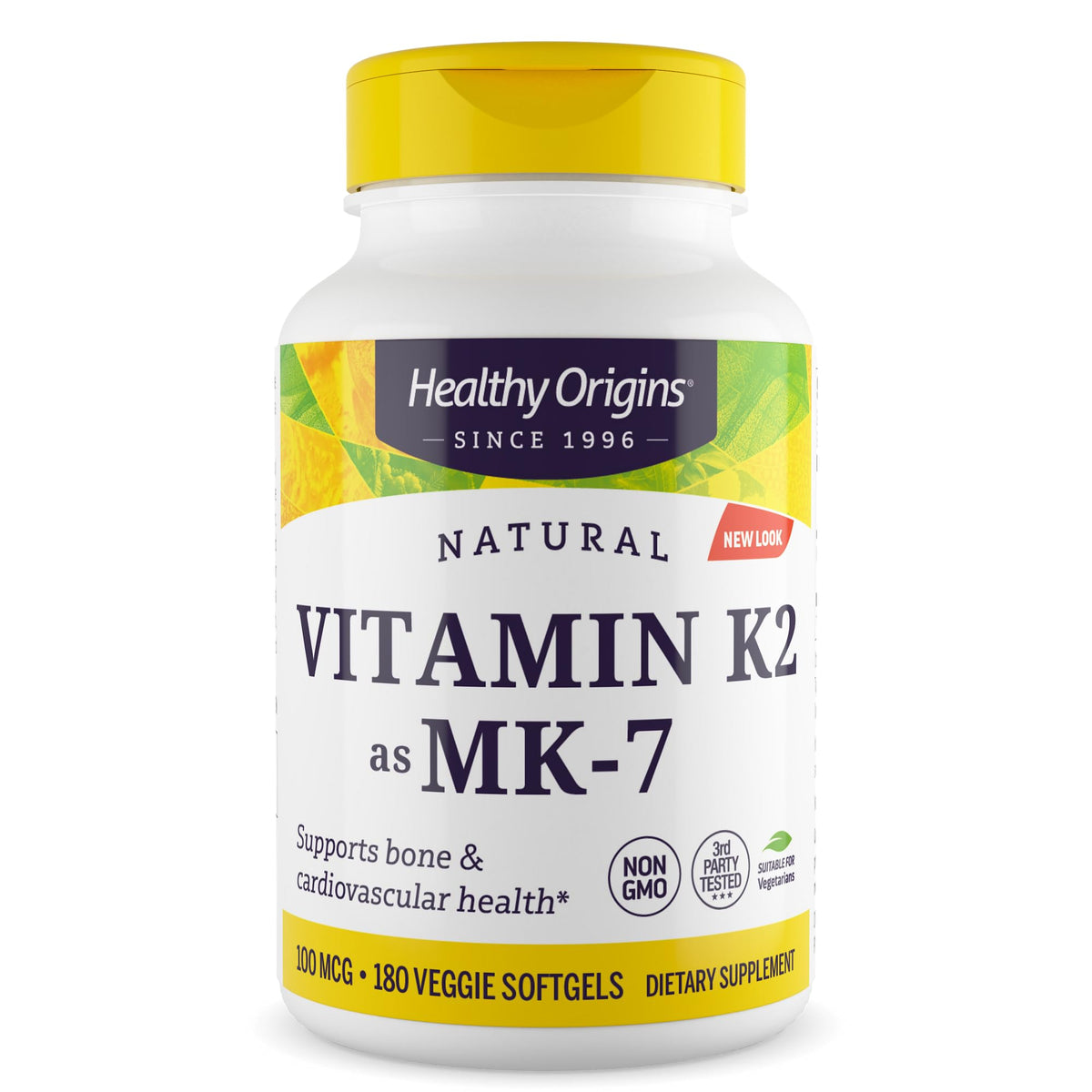 Healthy Origins Vitamine K2 100 mcg MK-7 côté avant avec étiquette