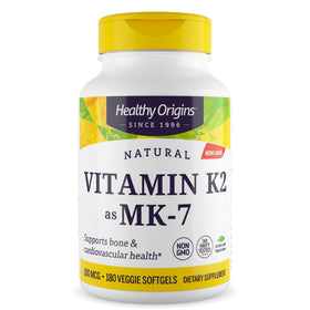 Healthy Origins Vitamine K2 100 mcg MK-7 côté avant avec étiquette