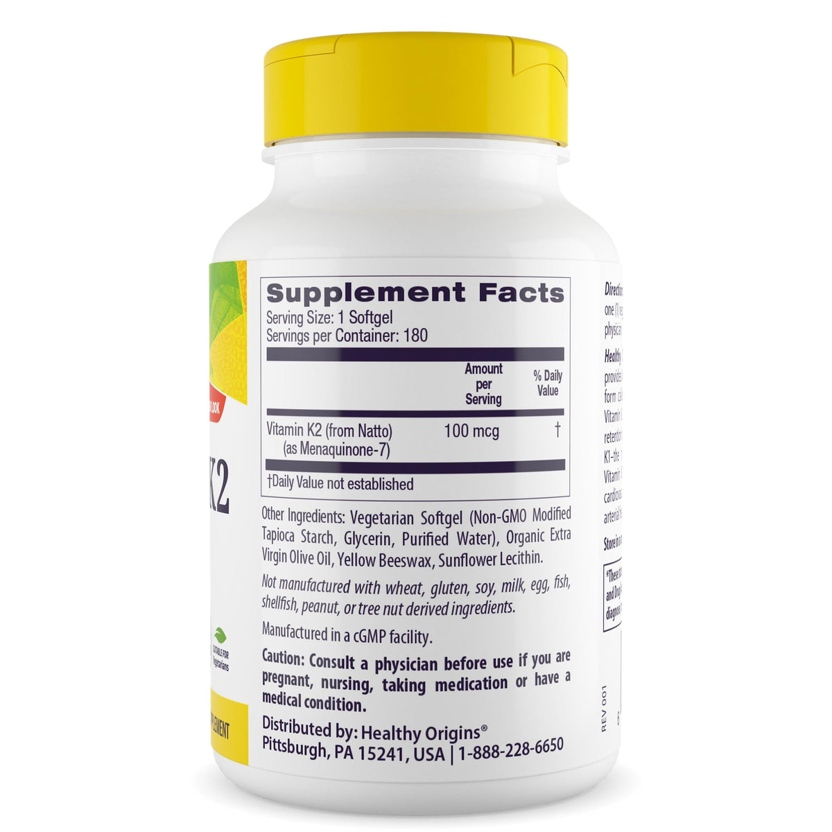 Healthy Origins Vitamine K2 180 gélules végétales en bouteille