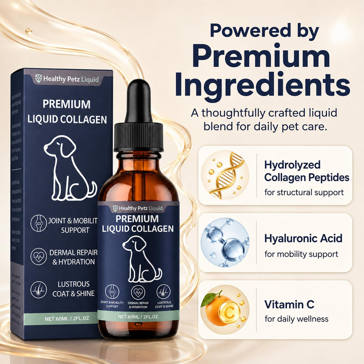Healthy Petz Liquid Collagène 60ml côté avec bouchon