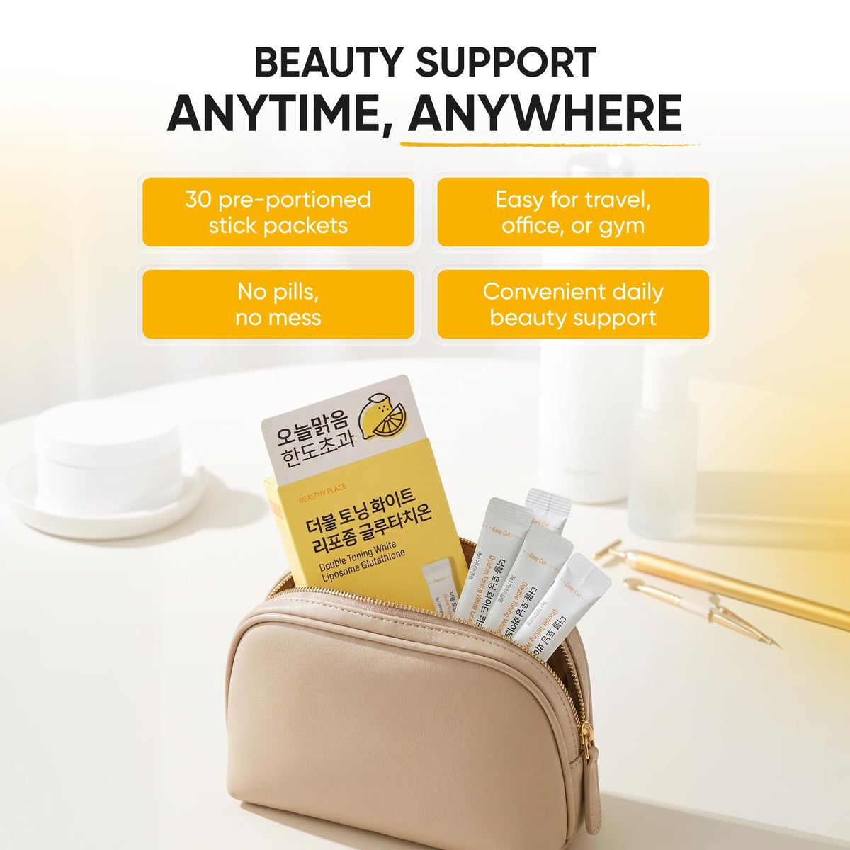 HEALTHY PLACE Glutathion Liposomal sticks sur une table de beauté