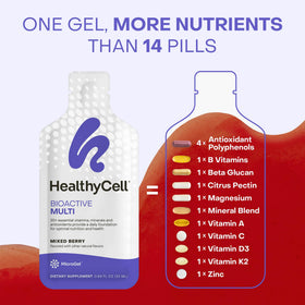 HealthyCell Bioactive Multi en gélules avec fruits en arrière-plan