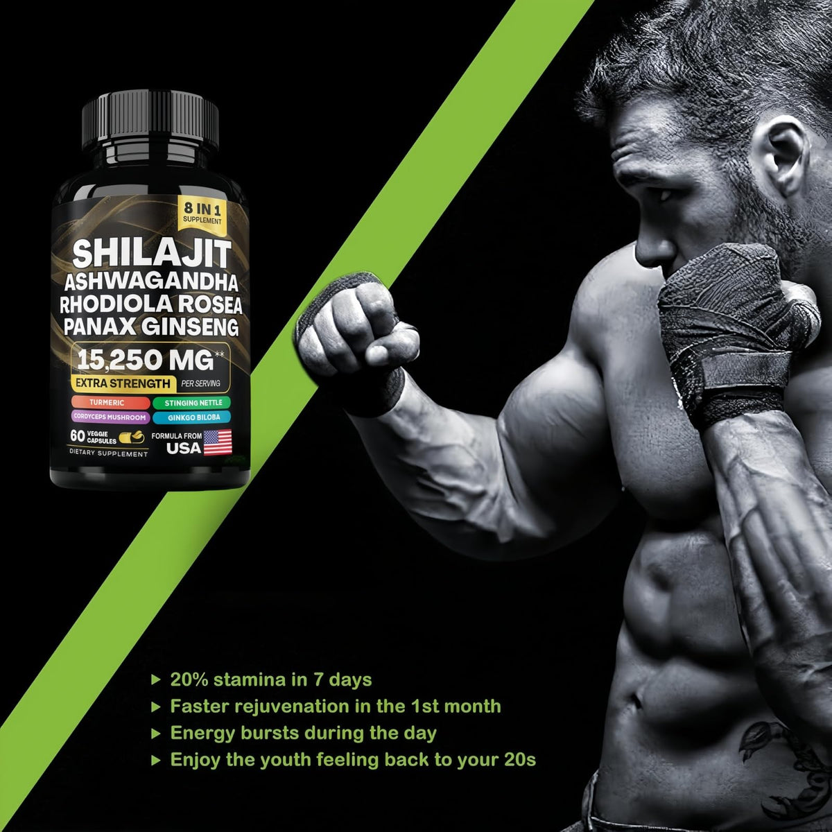 HealthyFinds Shilajit Capsules, ingrédients sur table en bois