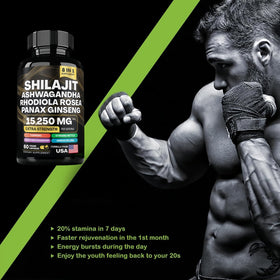 HealthyFinds Shilajit Capsules, ingrédients sur table en bois