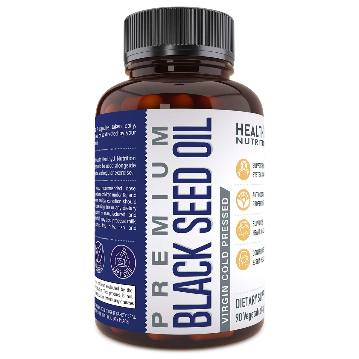 HEALTHYU NUTRITION Capsules d'huile de graine de cumin noir avec étiquette visible