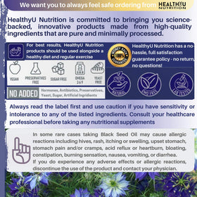HEALTHYU NUTRITION Capsules d'huile de graine de cumin noir avec une main tenant le flacon